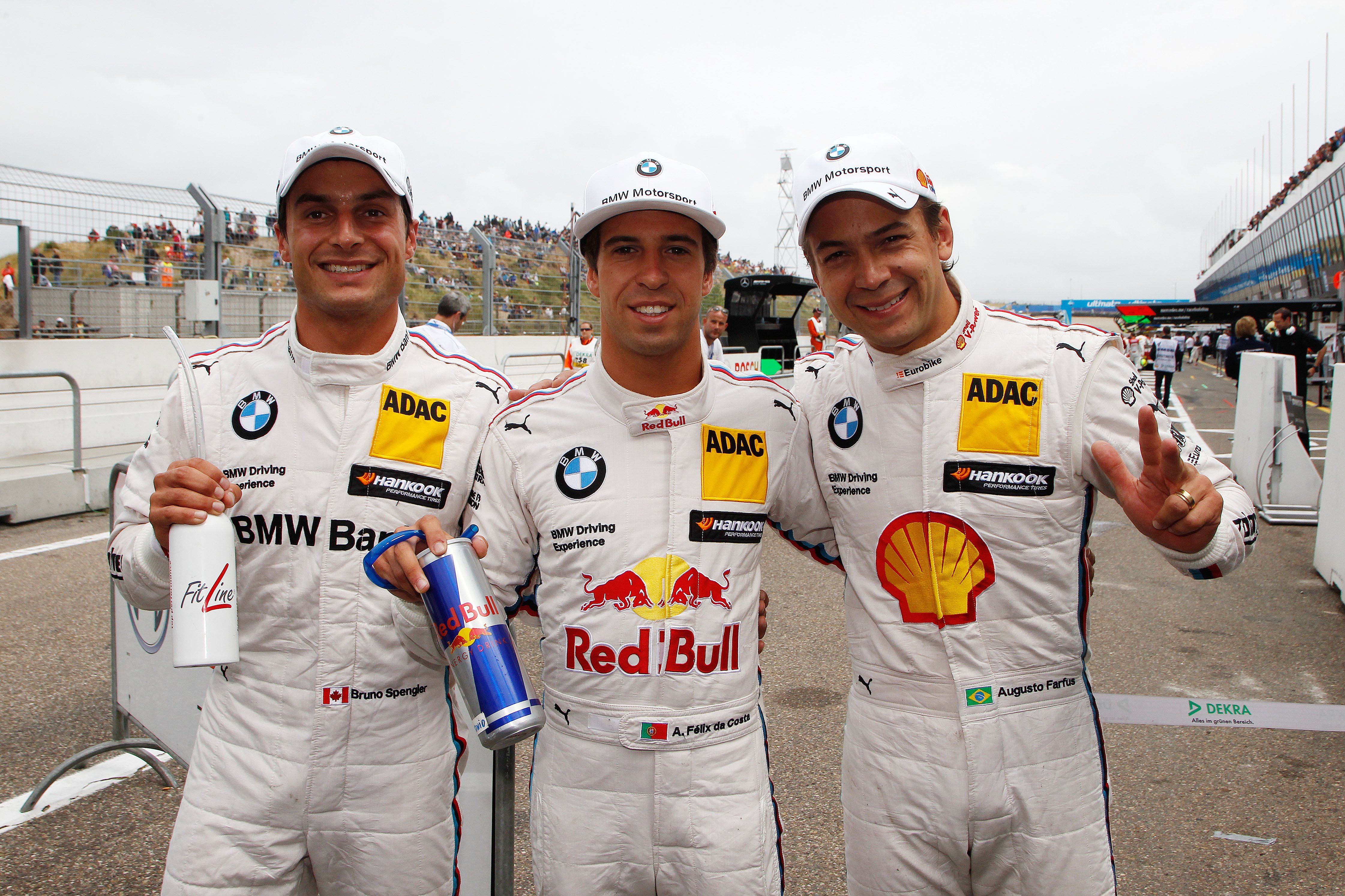 Zandvoort (NL) 12th July 2015. BMW Motorsport, 2nd Place Driver Bruno Spengler (CA), Anntoio Felix da Costa (PT) Pole Positionn and 3rd Place Driver Augusto Farfus (BR). This image is copyright free for editorial use © BMW AG (07/2015).