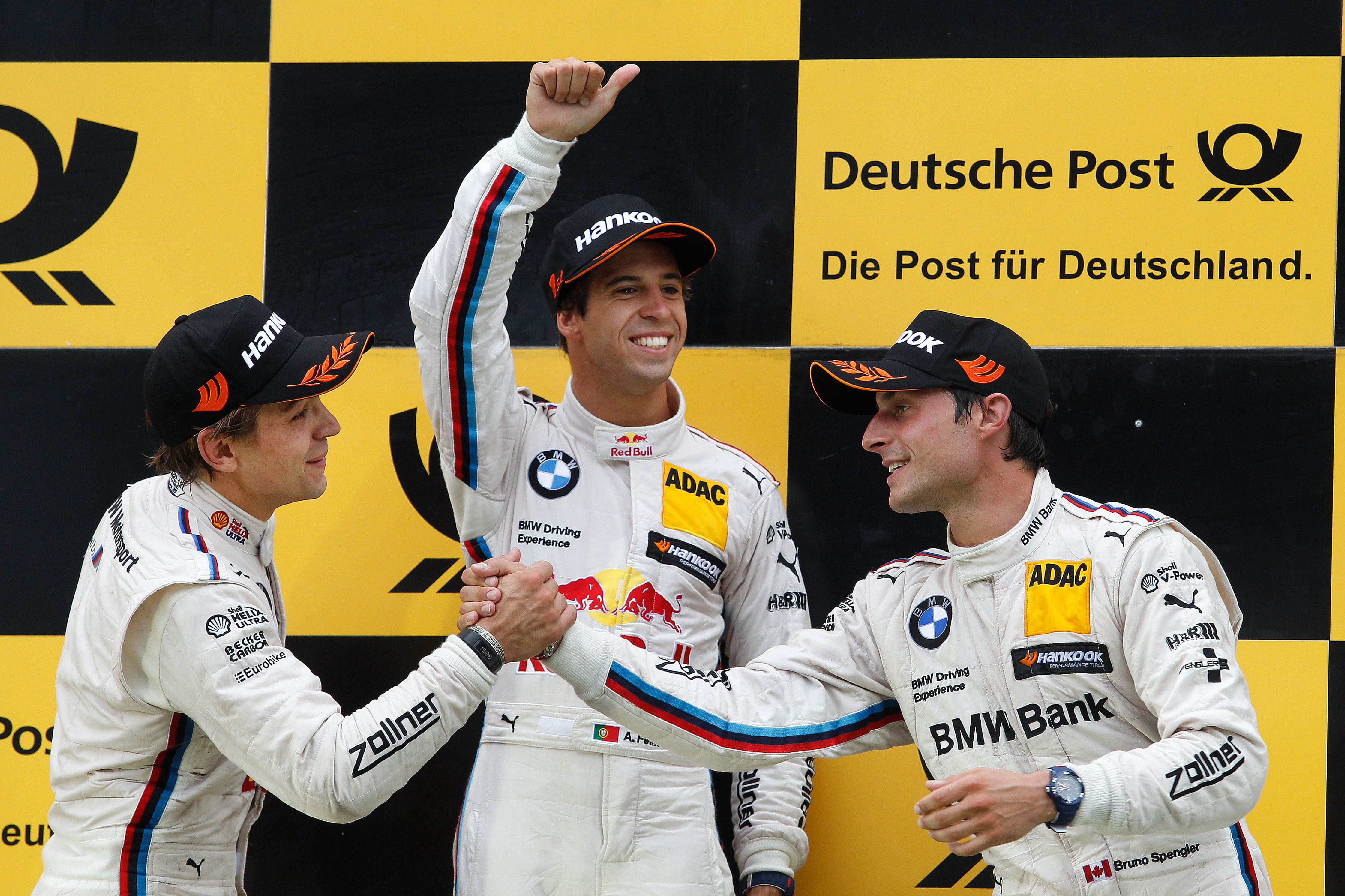 Zandvoort (NL) 12th July 2015. BMW Motorsport, Race 08, 2nd Place Driver Augusto Farfus (BR), Winner Antonio Felix da Costa (PT) and 3rd Place Driver Bruno Spengler (CA). This image is copyright free for editorial use © BMW AG (07/2015).