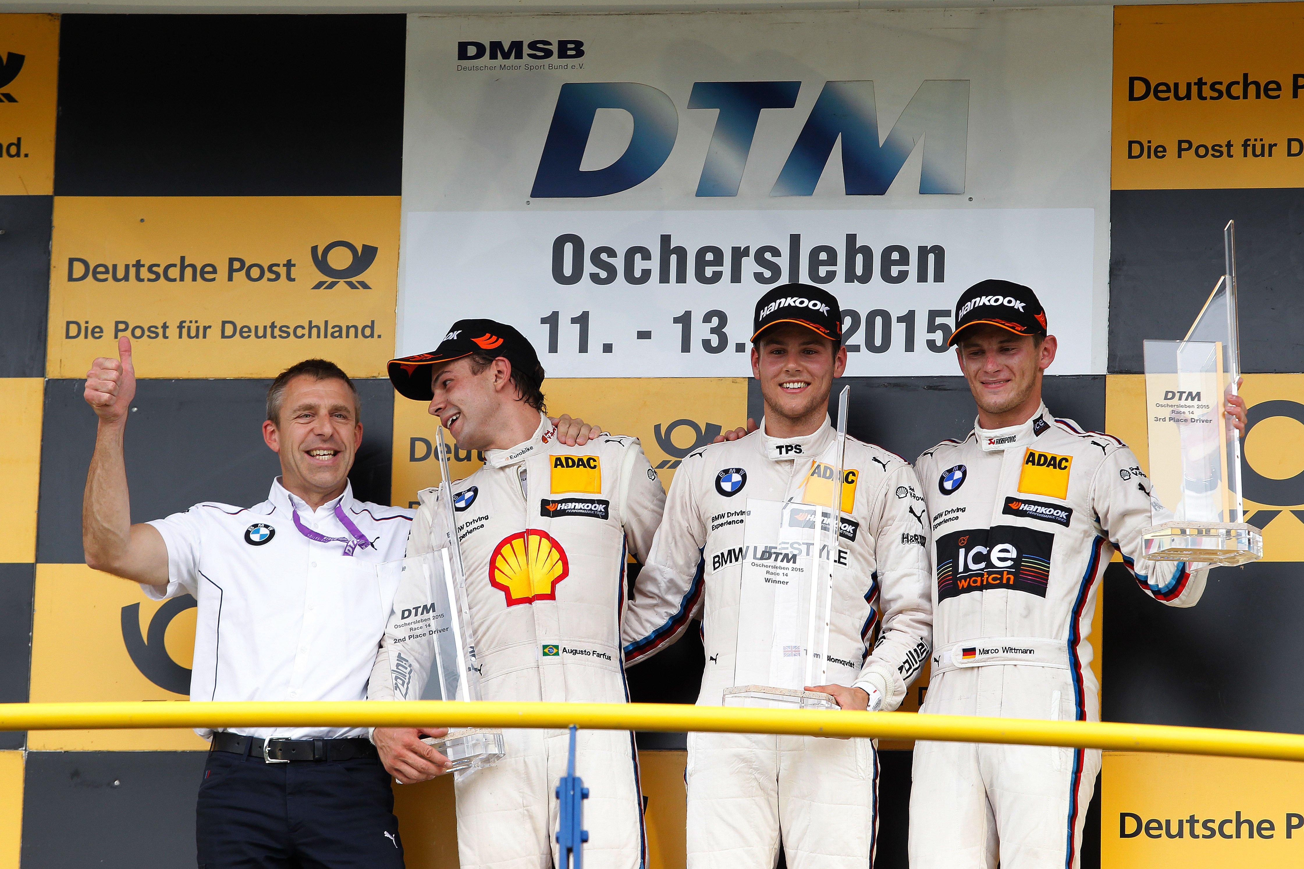 Oschersleben (DE) 13th September 2015. BMW Motorsport, Race 14, Bart Mampaey (BR) Team Principal BMW Team RBM, 2nd Place Driver Augusto Farfus, Winner Tom Blomqvist (GB) and 3rd Place Driver Marco Wittmann (DE). This image is copyright free for editorial use © BMW AG (09/2015).